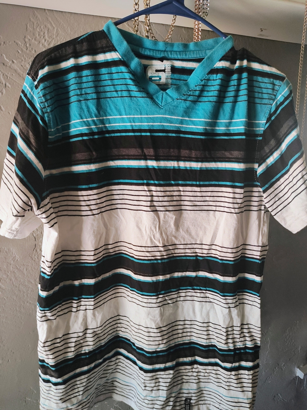 South Pole Men's Short-Sleeve V-Neck Striped Tee in Teal, Black & White